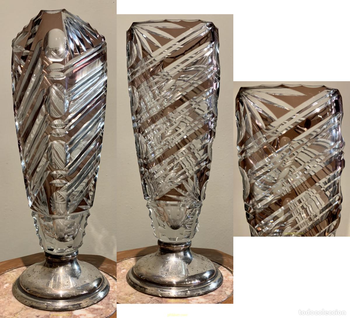 Antig&uuml;edades: JARRON CRISTAL COLOR PIE DE PLATA - Foto 1