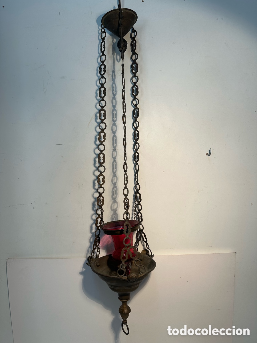 Antig&uuml;edades: LAMPARA VOTIVA DE BRONCE Y LATON CON ANGELES QUERUBINES. S XIX. MEDIDA 72CM.
