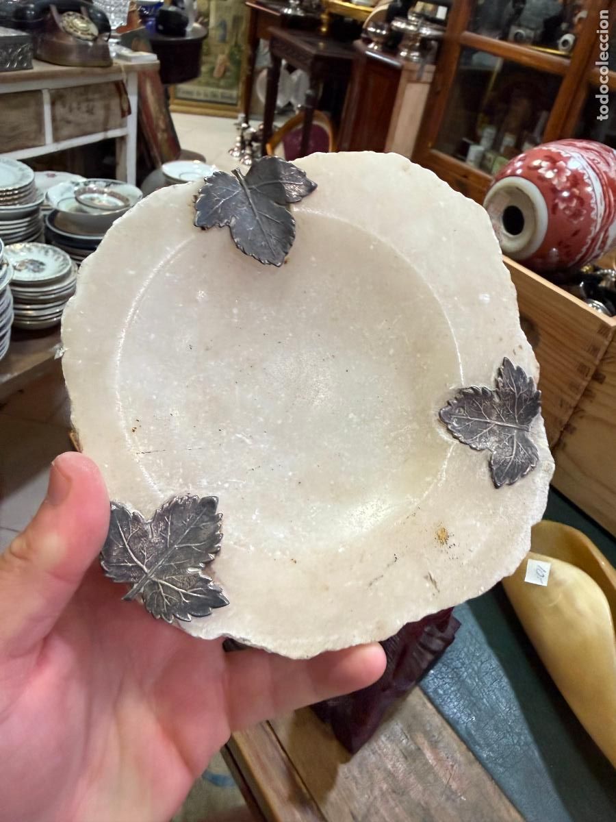 Antig&uuml;edades: ANTIGUO CENICERO EN PIERA NATURAL ALABASTRO Y PLATA DE LEY CONTRASTADO - MEDIDA 15 CM