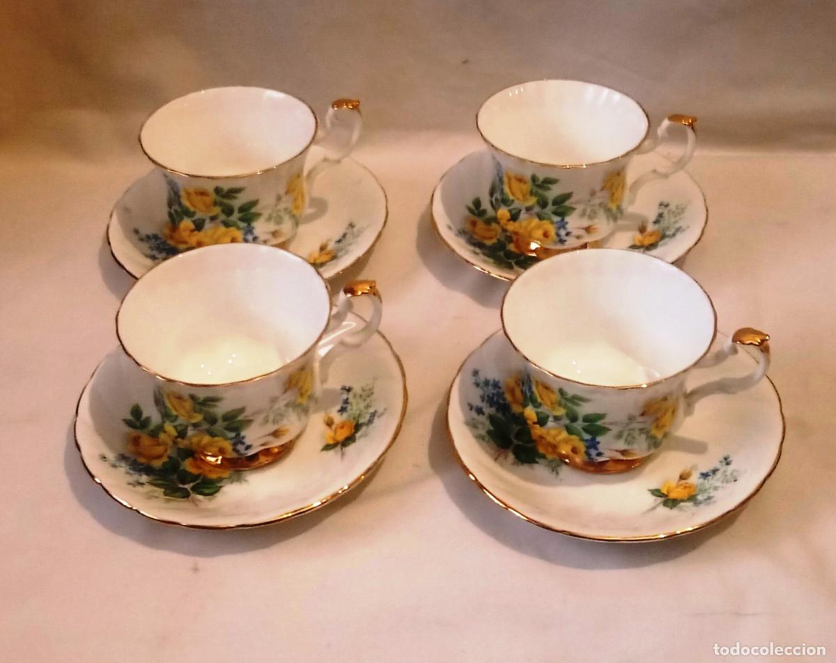 Antig&uuml;edades: 4 Tazas de T&eacute; Porcelana Wood & Sons Florales. Tazas de caf&eacute; de la firma inglesa Wood & Sons