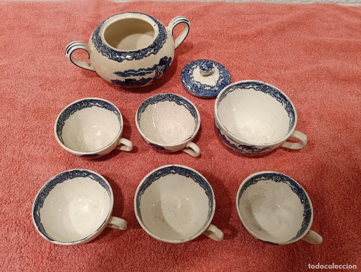 Antig&uuml;edades: JUEGO ANTIGUO DE CARTUJA DE SEVILLA PICKMAN &ldquo;VISTAS&rdquo; &ndash; AZUCARERO Y 6 TAZAS