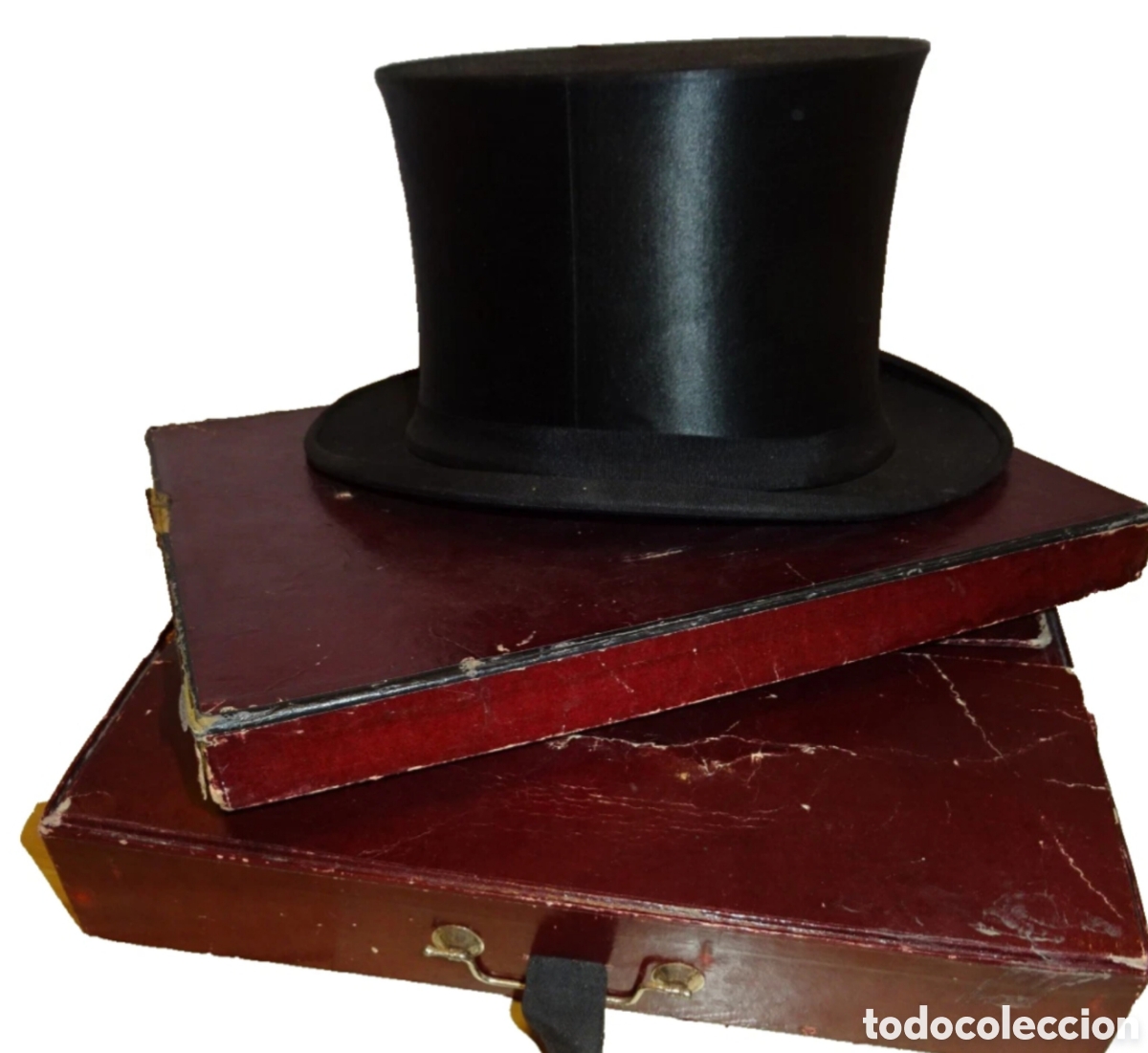 Antig&uuml;edades: Chistera antigua Sombrero de copa seda Plegable en caja Elegant Talla L raro