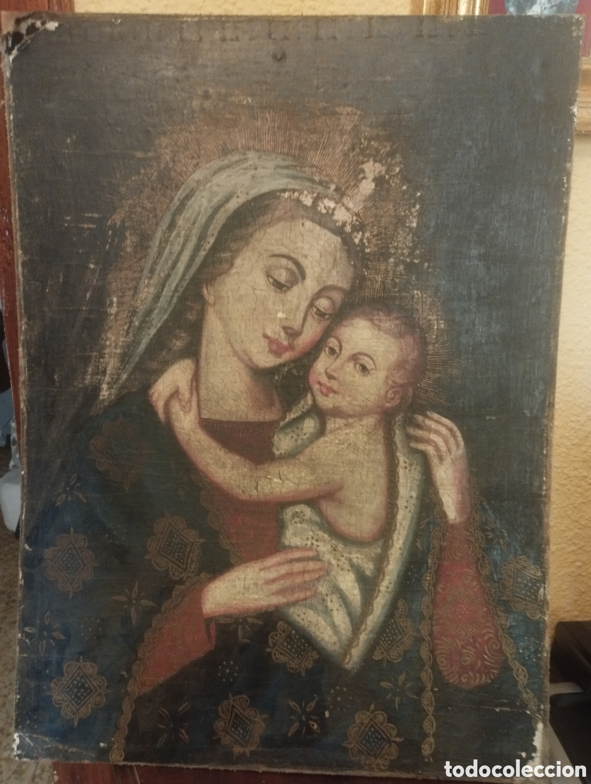 Antig&uuml;edades: Antiguo oleo sobre lienzo de la Virgen Maria con el Ni&ntilde;o Jesus (escuela Cuzque&ntilde;a) S. XVIII-XIX