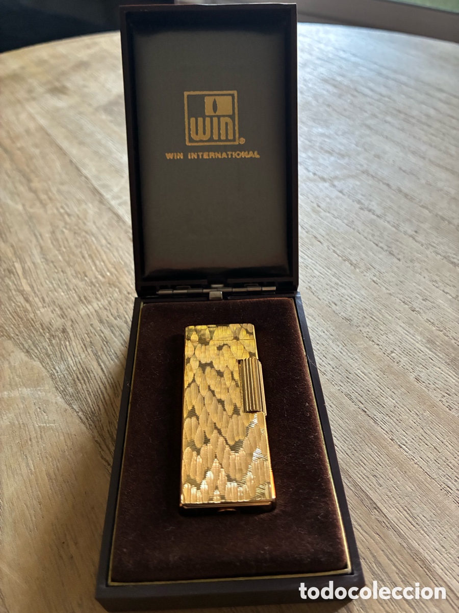 Antig&uuml;edades: Encendedor Vintage Win International Dorado (Funciona + Caja)
