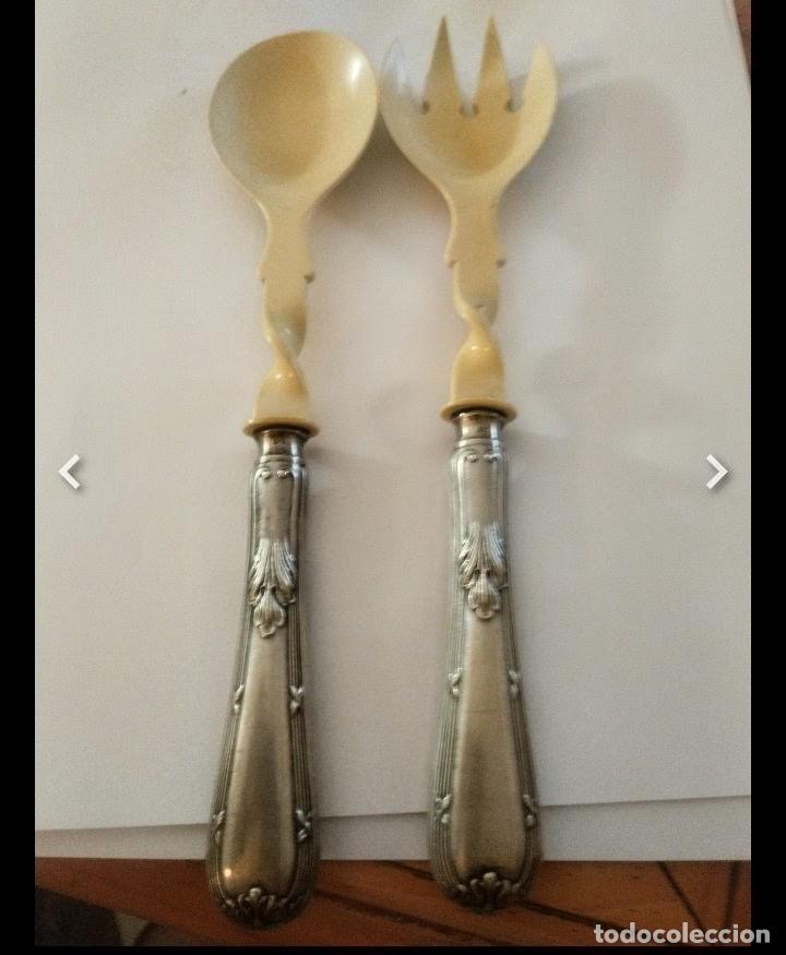 Antig&uuml;edades: Juego servicio y postre ,Plata maciza 800 y celuloide/ hueso. S.XIX/XX. Excelente estado