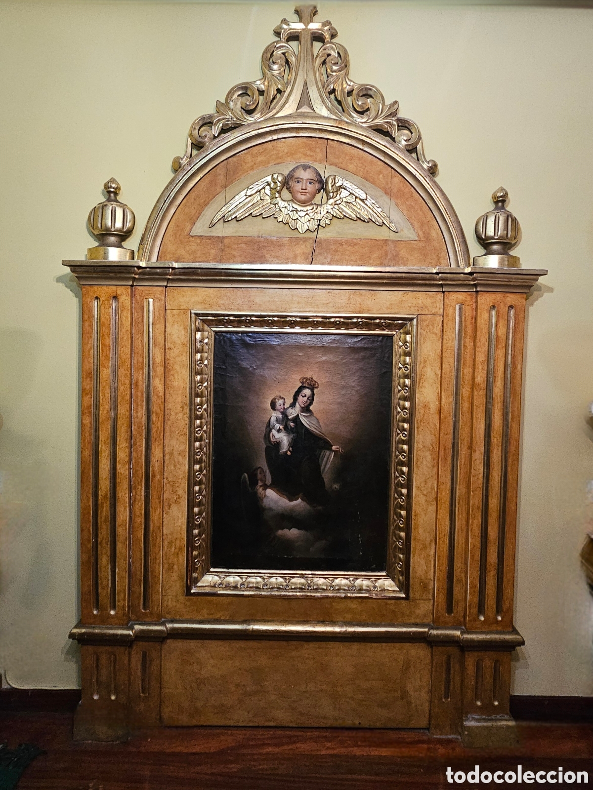 Antig&uuml;edades: ANTIGUO RETABLO MADERA, PINTURA ORO Y LIENZO VIRGEN CARMEN TODO ORIGINAL