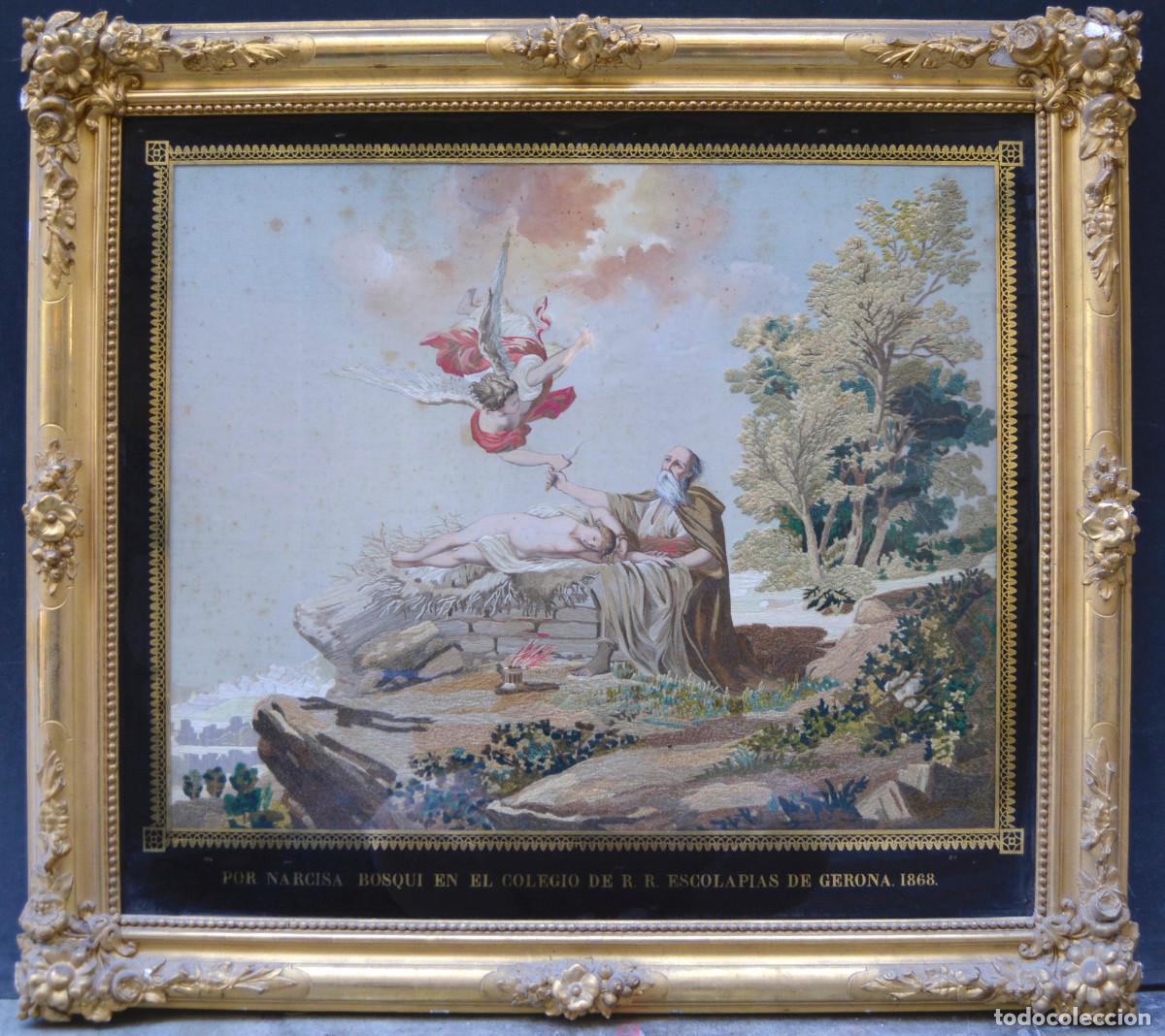 Antiquit&eacute;s: Sacrificio de Isaac por Abraham, 1868, bordado antiguo pintado, Narcisa Bosqui, Escola Pia, Girona.