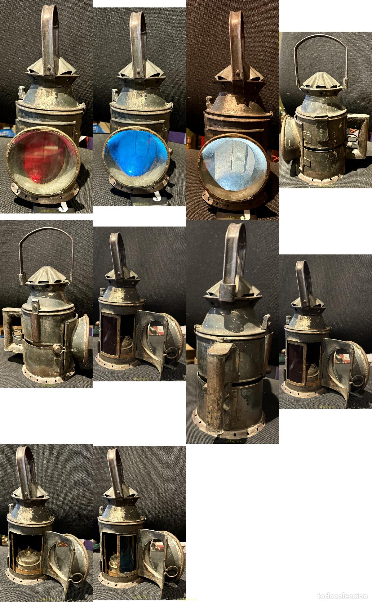 Antig&uuml;edades: ANTIGUA LAMPARA CANDIL DE ACEITE DE CRISTAL LINTERNA Y CRISTALES DE SE&Ntilde;ALES ROJO Y AZUL
