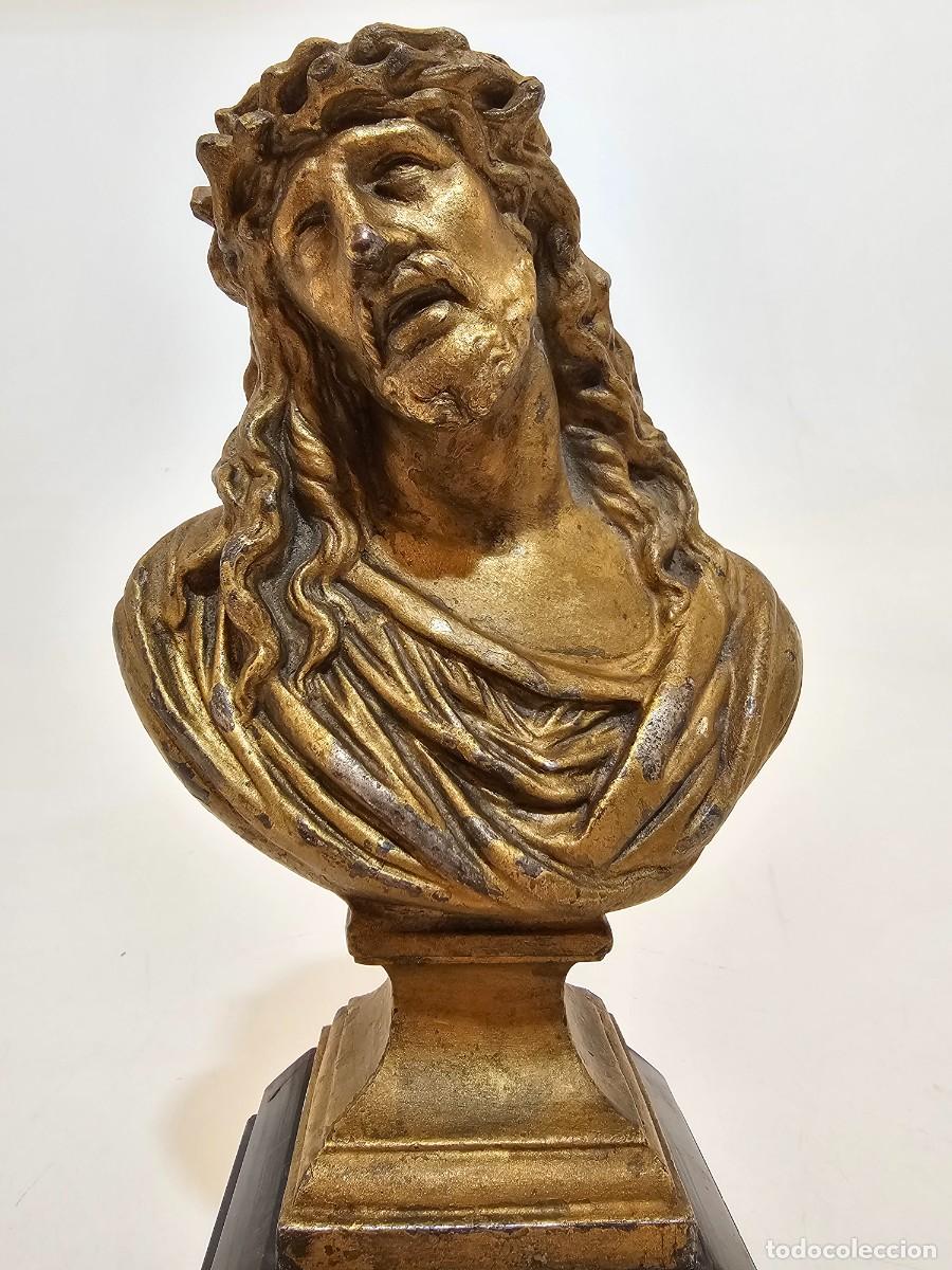 Antig&uuml;edades: BUSTO DE CRISTO METALICO SOBRE PEANA DE MARMOL, SIGLO XIX, (21X15)