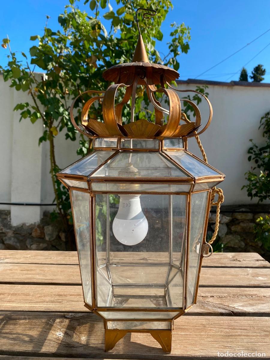 Antig&uuml;edades: Farol hojalata entrada hall dorado mitad S.XX 55x18