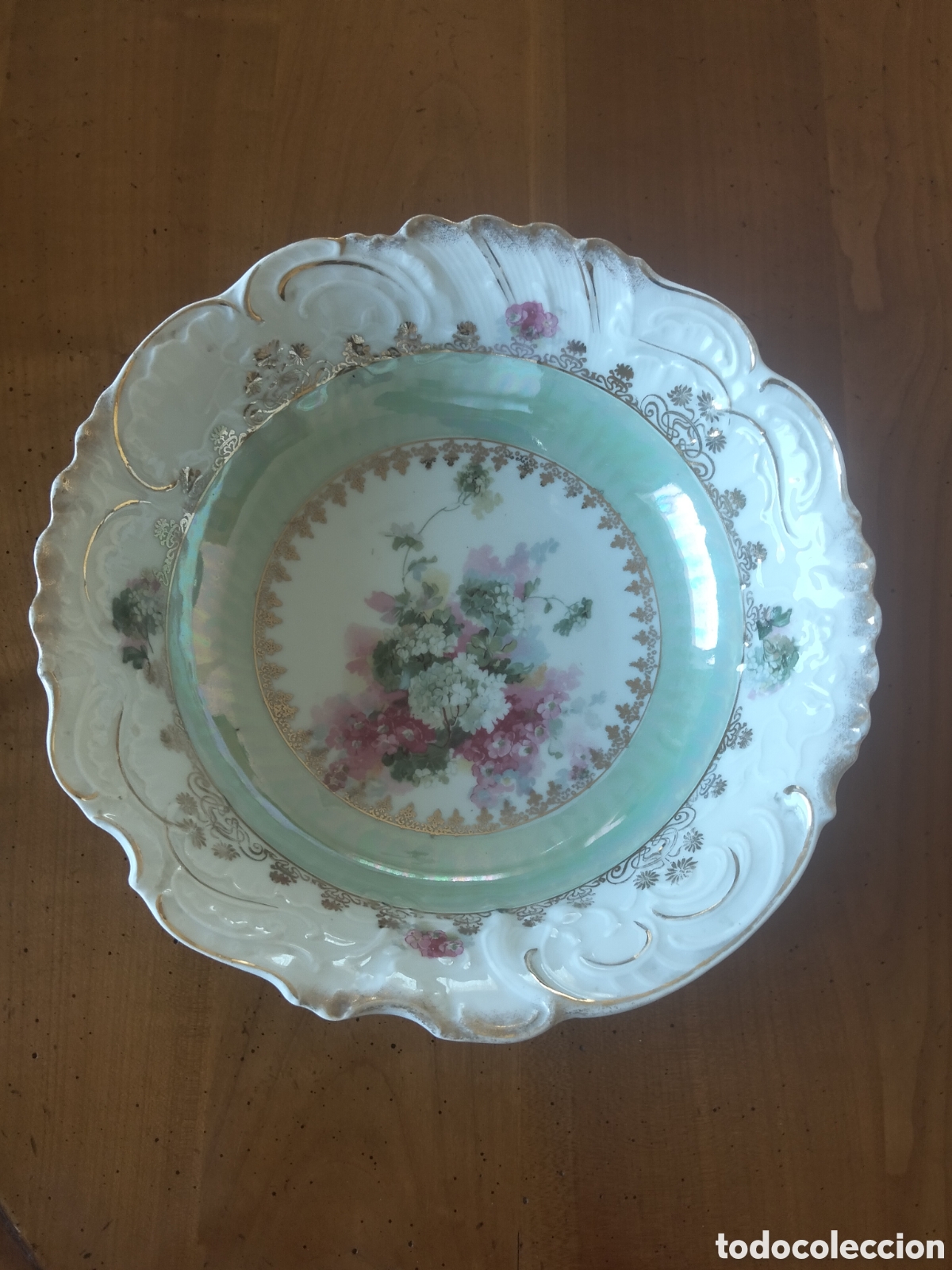 Antig&uuml;edades: Antiguo Cuenco de Porcelana Alemana / Prusia - Borde Verde Espuma de Mar y Flores, c. 1900