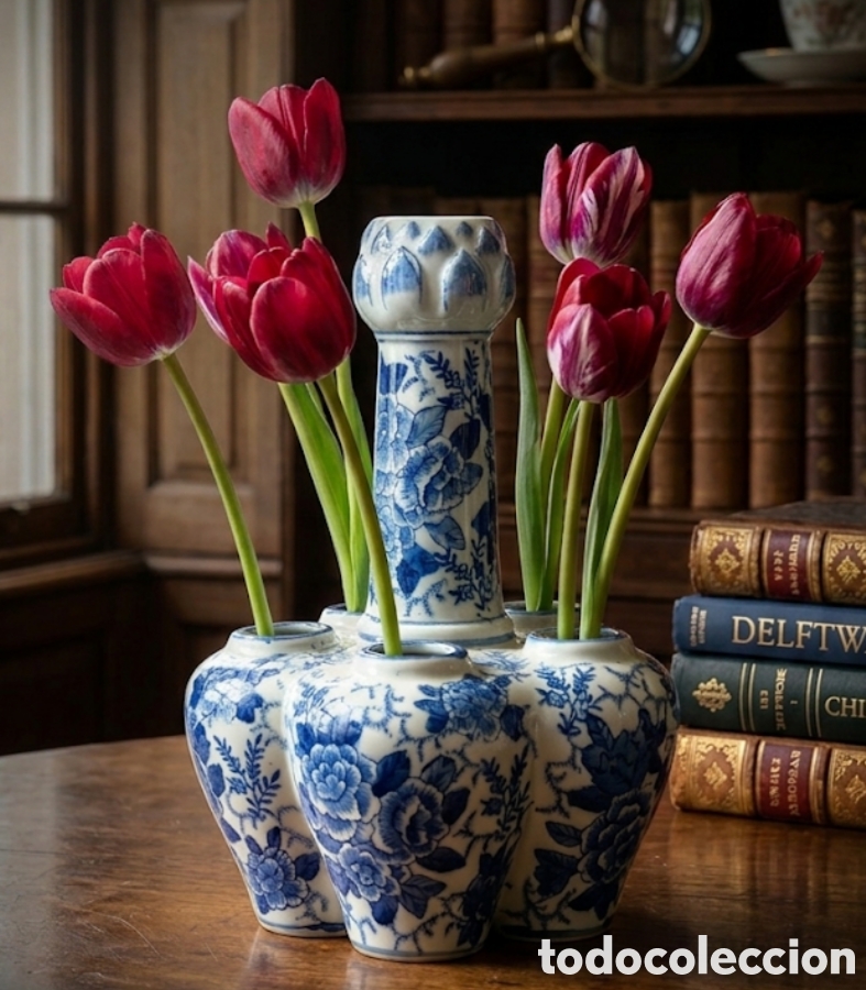 Antig&uuml;edades: Antiguo Tulipanero de 6 Bocas en Porcelana Azul y Blanco - Estilo Delft / Chinoiserie (27 cm)
