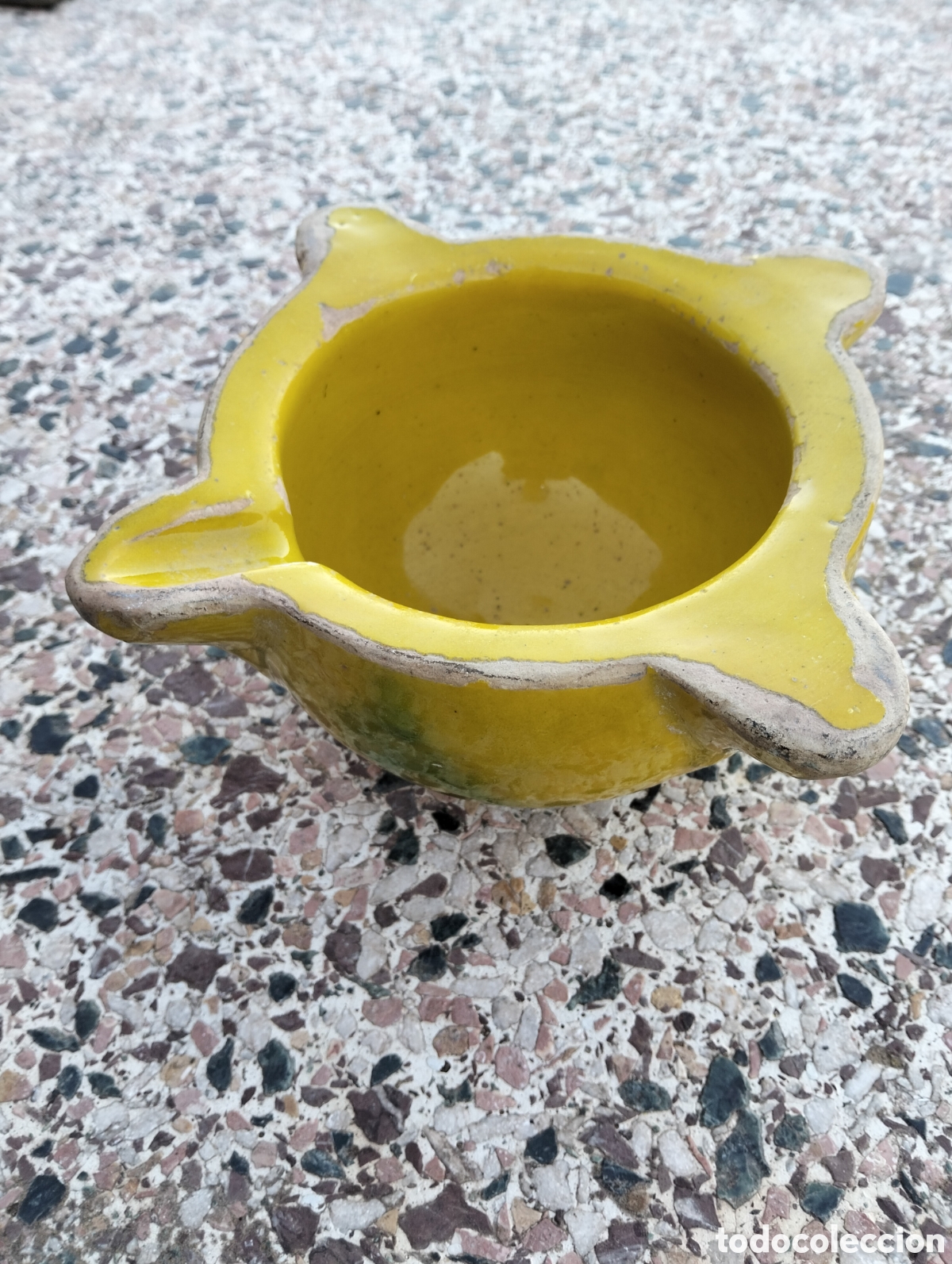Antiguidades: Antiguo almirez catal&aacute;n de los a&ntilde;os 20-30 amarillo cer&aacute;mica terracota mortero