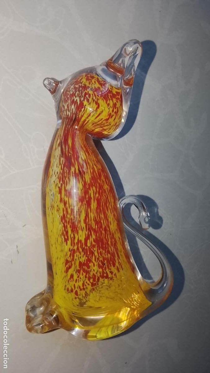 Antig&uuml;edades: figura cristal murano mallorca GATO bello colorido interioriores hecho a mano cristal fundido 14 cm