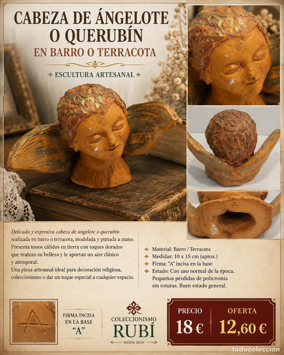 Antig&uuml;edades: CABEZA DE &Aacute;NGEL O QUERUB&Iacute;N EN TERRACOTA POLICROMADA | ESCULTURA ARTESANAL | 15 CM