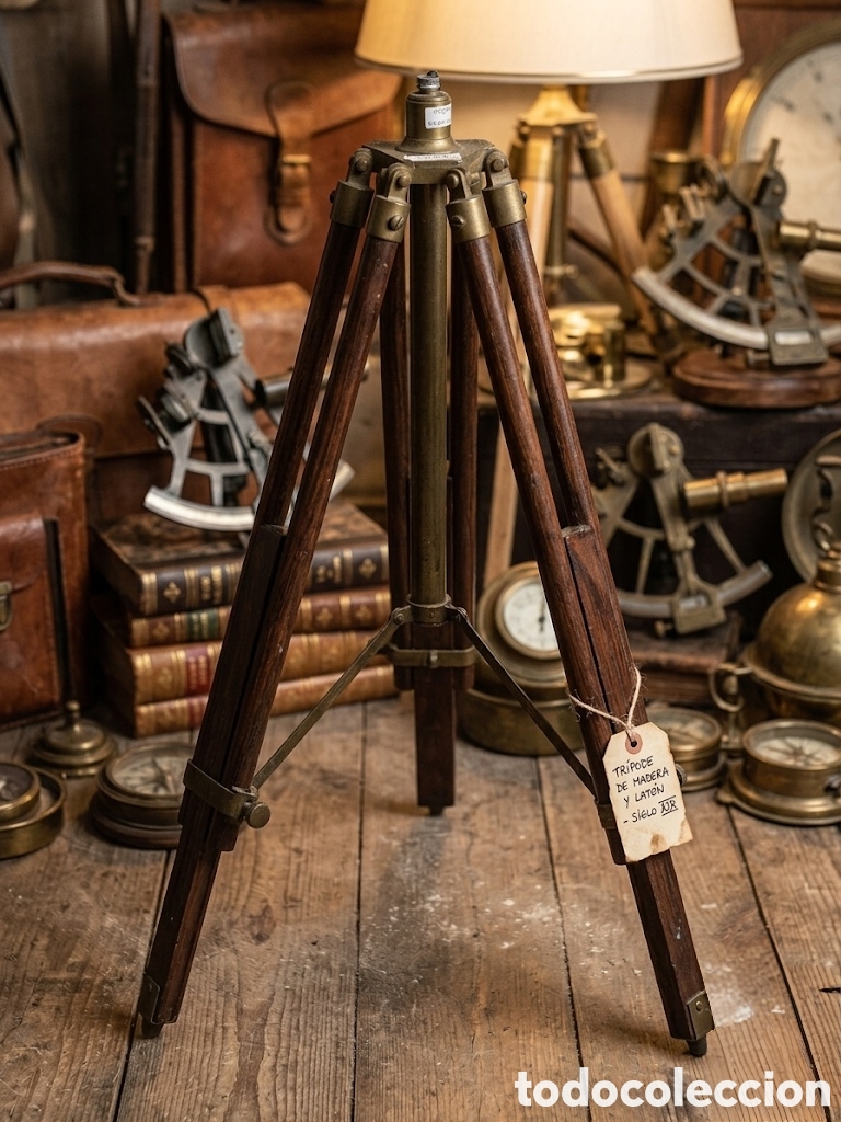 Antig&uuml;edades: Antiguo tr&iacute;pode de madera y lat&oacute;n