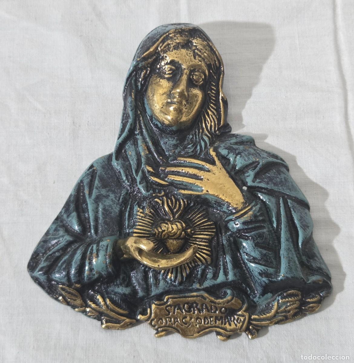 Antig&uuml;edades: Relieve en bronce del Sagrado Coraz&oacute;n de Maria para puerta - Foto 1