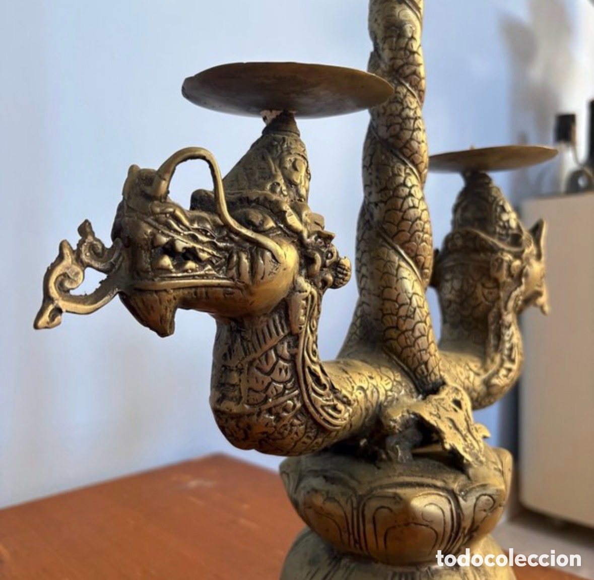Antig&uuml;edades: Antiguo Candelabro Dragones Japoneses Naga Basuki - 3 Brazos Metal Plateado Oriental Vintage
