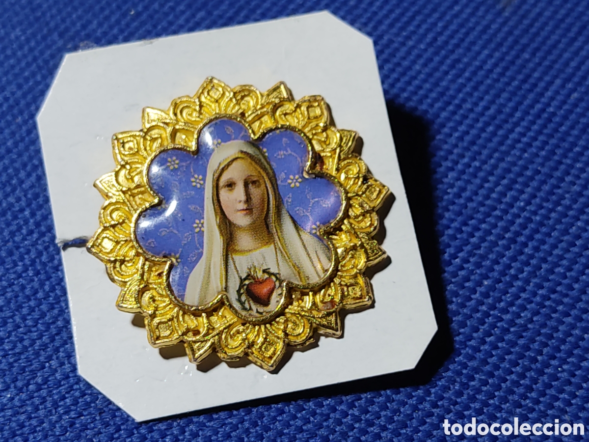Antig&uuml;edades: Broche religioso esmaltado de la virgen purisima
