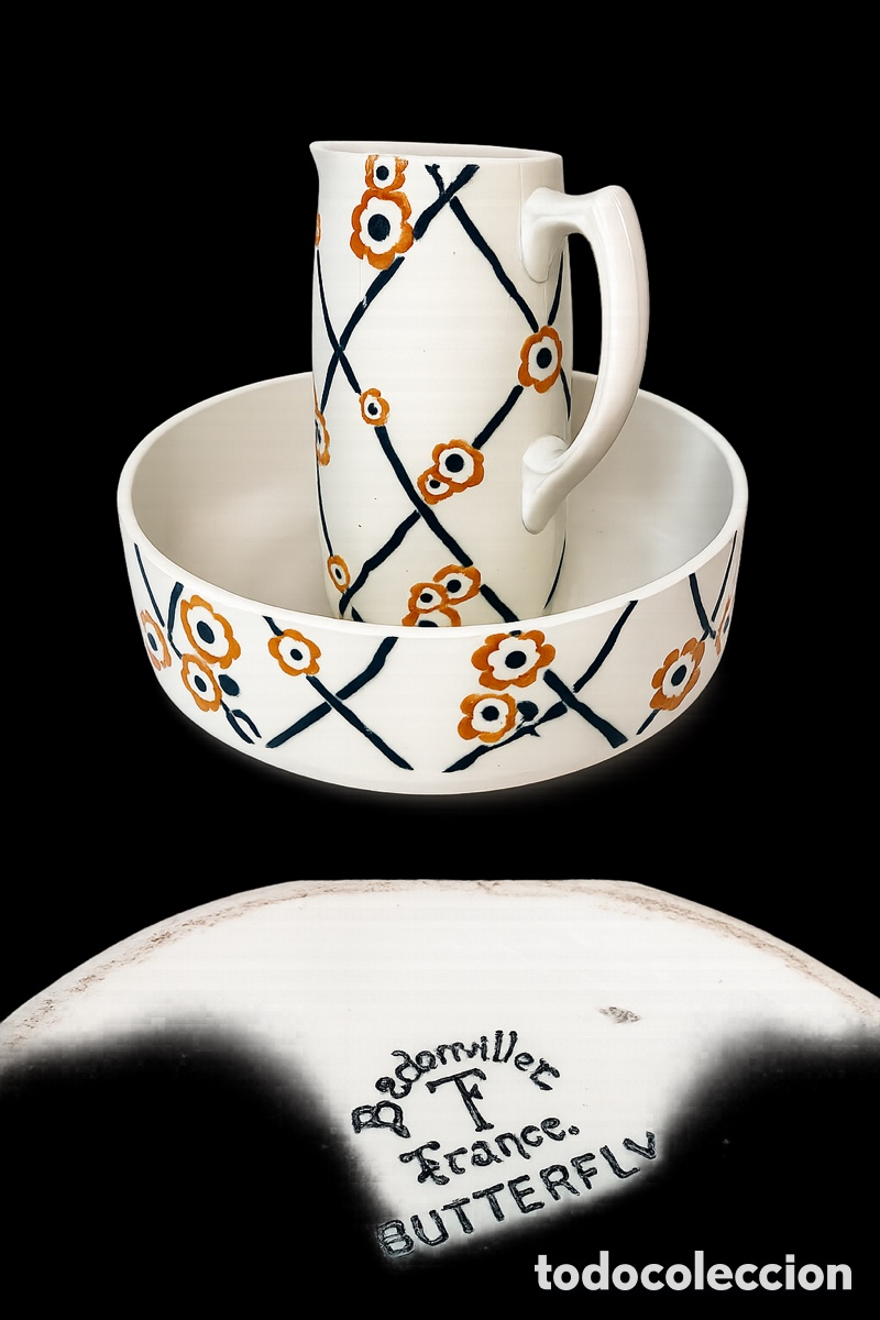 Antiquit&eacute;s: Juego de lavabo antiguo Butterfly By Badonviller , Lorena- Francia 1930&rsquo;s