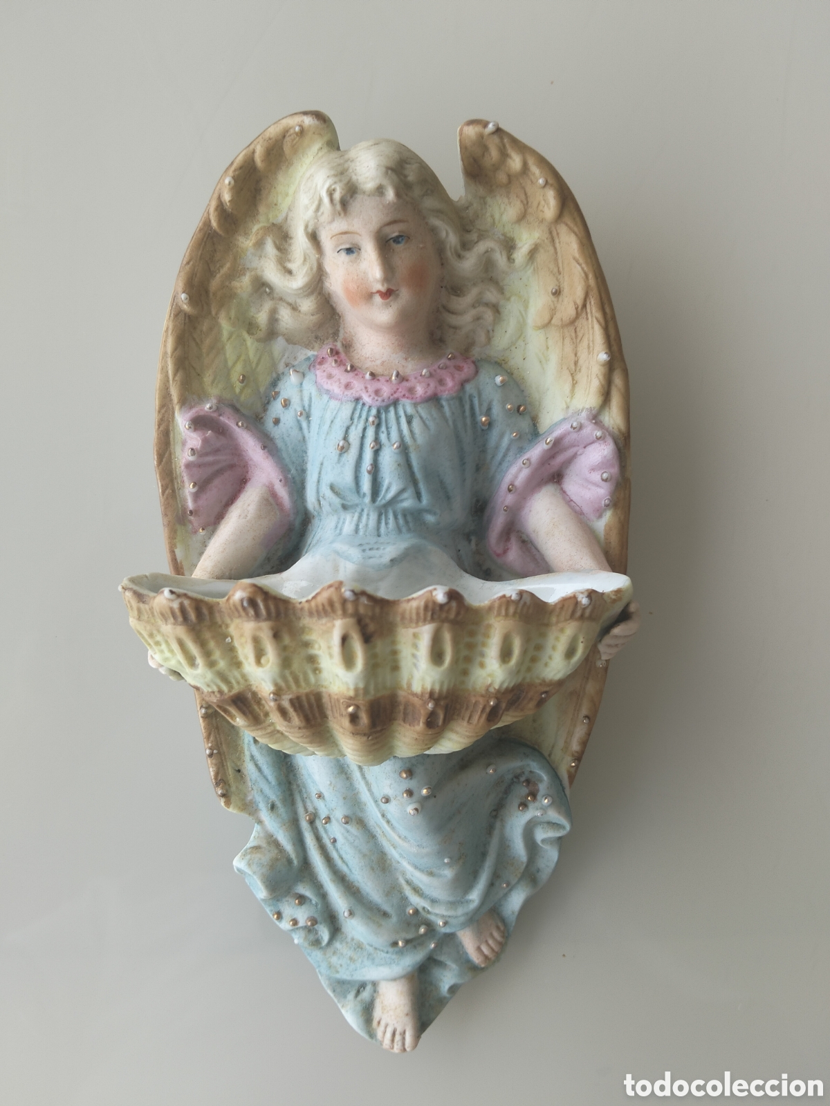 Antig&uuml;edades: Antigua Pila Benditera Porcelana Alemana Biscuit Num. 1607 &ndash; &Aacute;ngel de la Guarda &ndash; Impecable