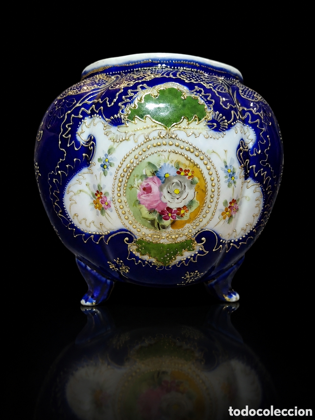 Antiques: Jarr&oacute;n antiguo porcelana Nippon azul cobalto, dorado en relieve, pieza de calidad