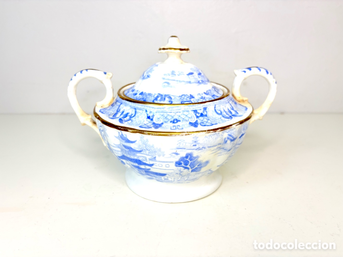 Antig&uuml;edades: Azucarero Blue Willow Golden Pattern Inglaterra 1940&rsquo;s