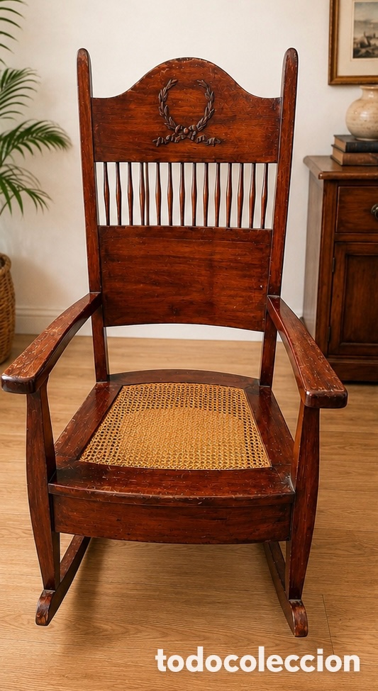 Antig&uuml;edades: Antigua mecedora de madera maciza con talla de laurel. Ca. 1920-1935. Rejilla restaurada.