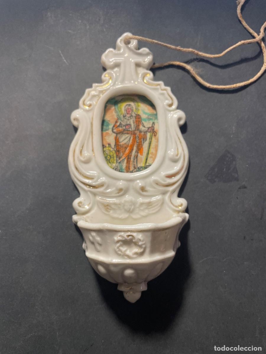 Antig&uuml;edades: ANTIGUA BENDITERA DE PORCELANA Y GRABADO S. XIX SANTA CATALINA DE ALEJANDRIA - 15,5X7 CM.