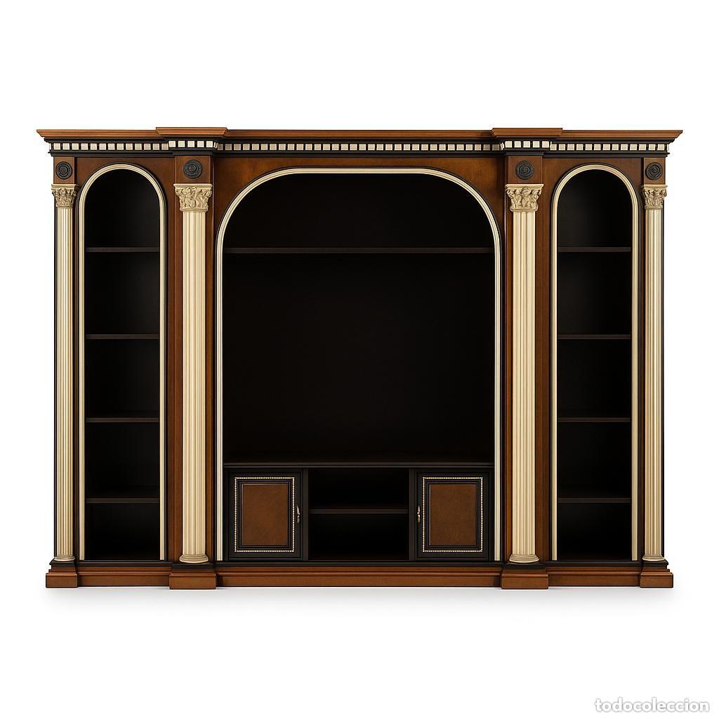 Antiquit&eacute;s: Majestuosa librer&iacute;a mural de estilo cl&aacute;sico, elaborada en madera noble con acabado en caoba oscura,