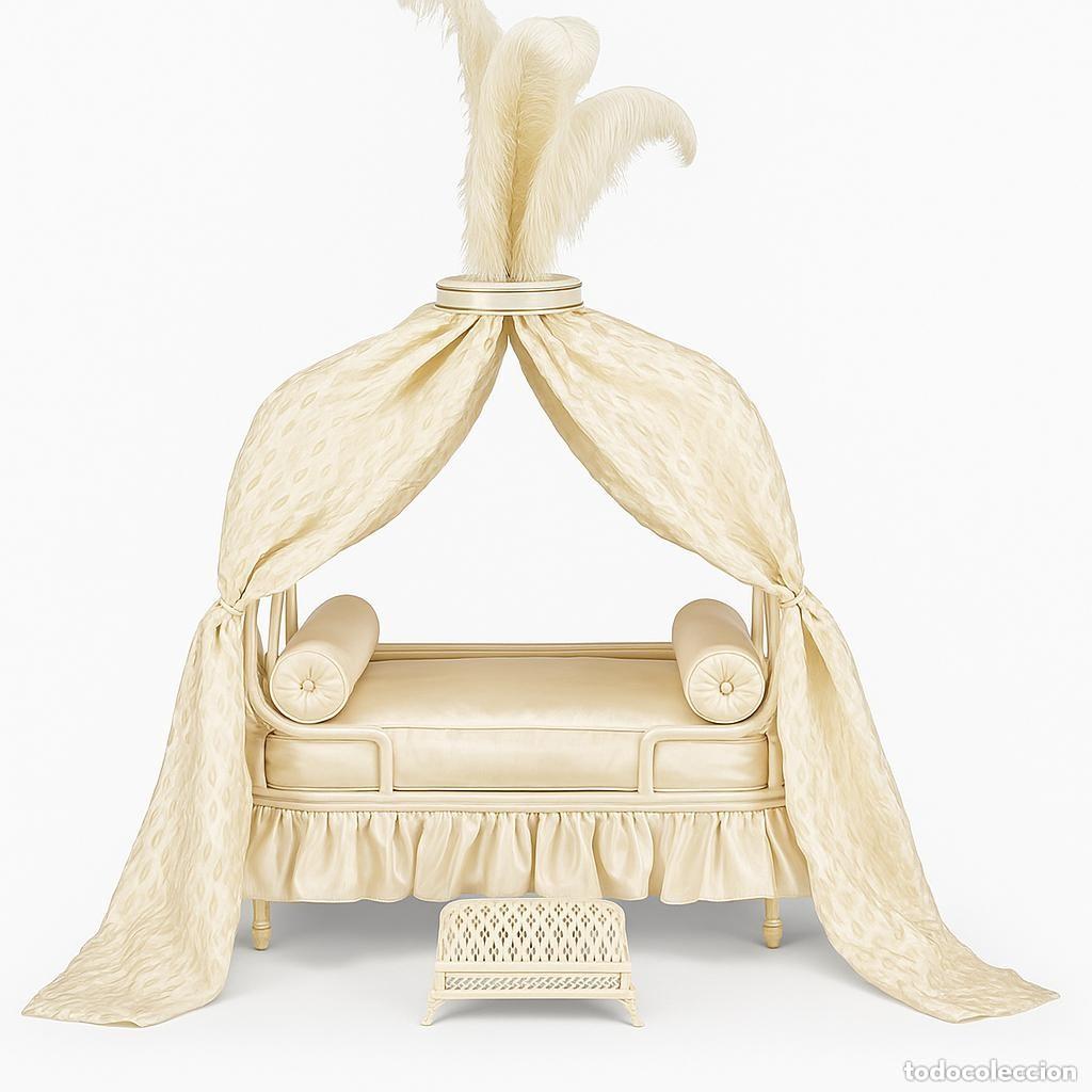 Antiquit&auml;ten: Cama de lujo para mascota con dosel y plumas &mdash; dise&ntilde;o artesanal en madera lacada y tejidos satinados