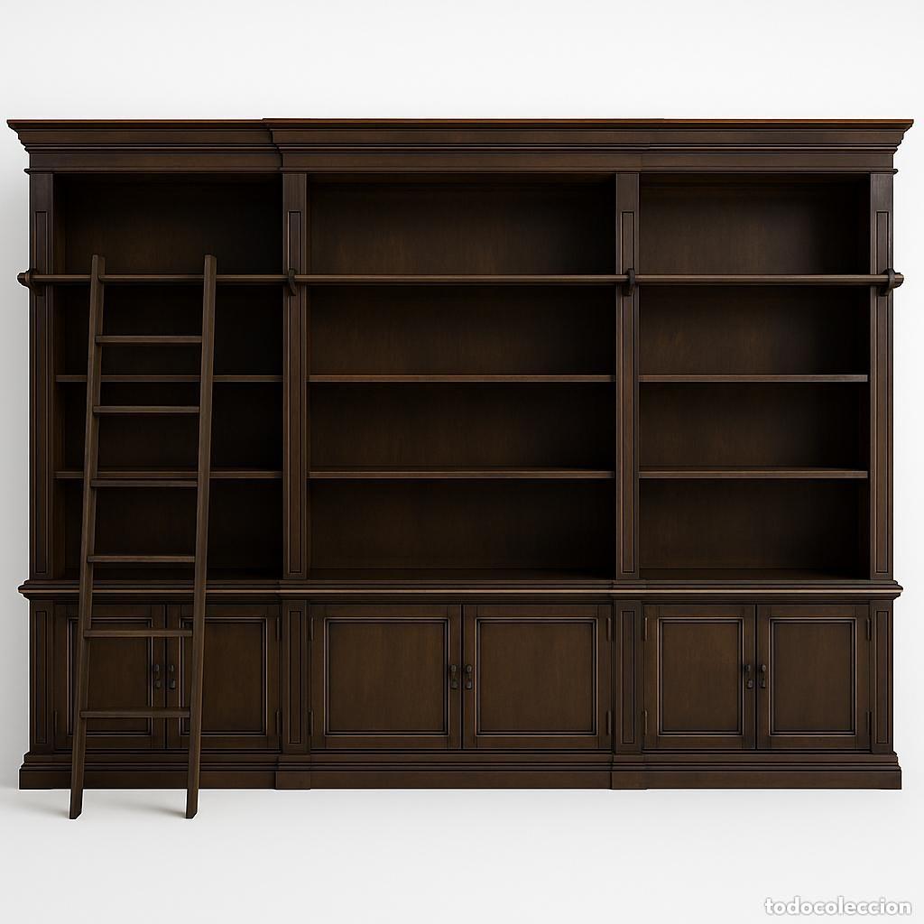 Antiquit&eacute;s: Gran librer&iacute;a cl&aacute;sica en madera oscura con escalera m&oacute;vil &mdash; estilo biblioteca inglesa