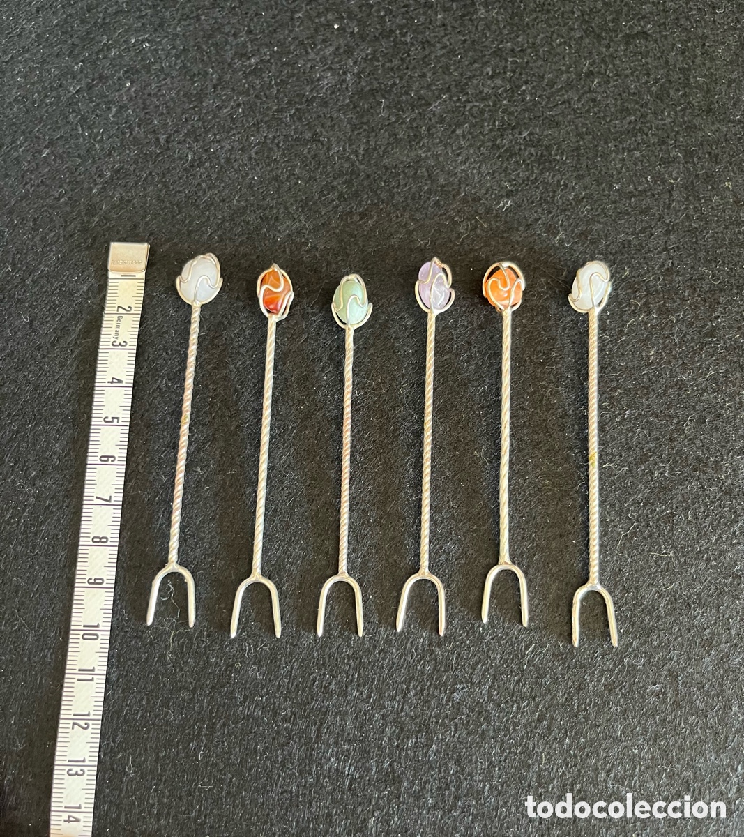Antig&uuml;edades: Pinchos aperitivo, c&oacute;ctel, ba&ntilde;o plata con piedras semipreciosas