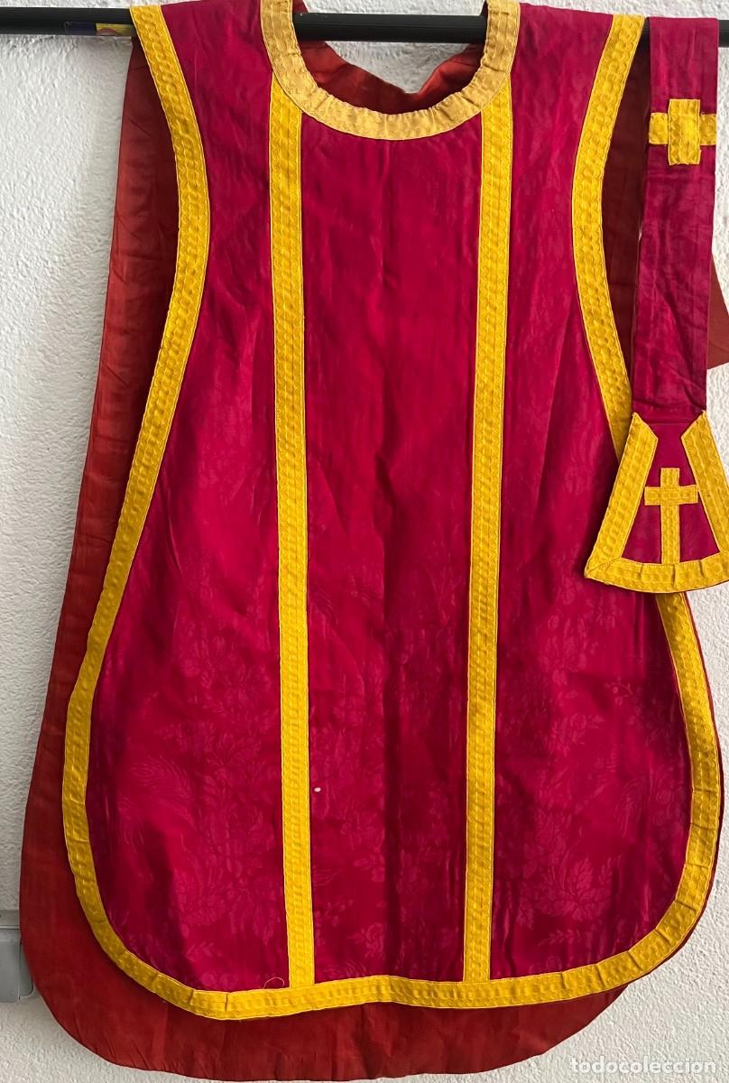 Antig&uuml;edades: CASULLA ROMANA ANTIGUA DAMASCO FUCSIA SEDA ORNAMENTO LIT&Uacute;RGICO SACERDOTE CON MAN&Iacute;PULO