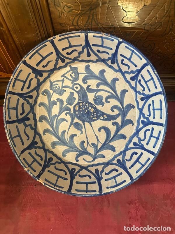 Antiques: LEBRILLO - PLATO HONDO - CER&Aacute;MICA DE FAJALAUZA DECORADO EN AZULES CON P&Aacute;JARO, DE GRAN TAMA&Ntilde;O