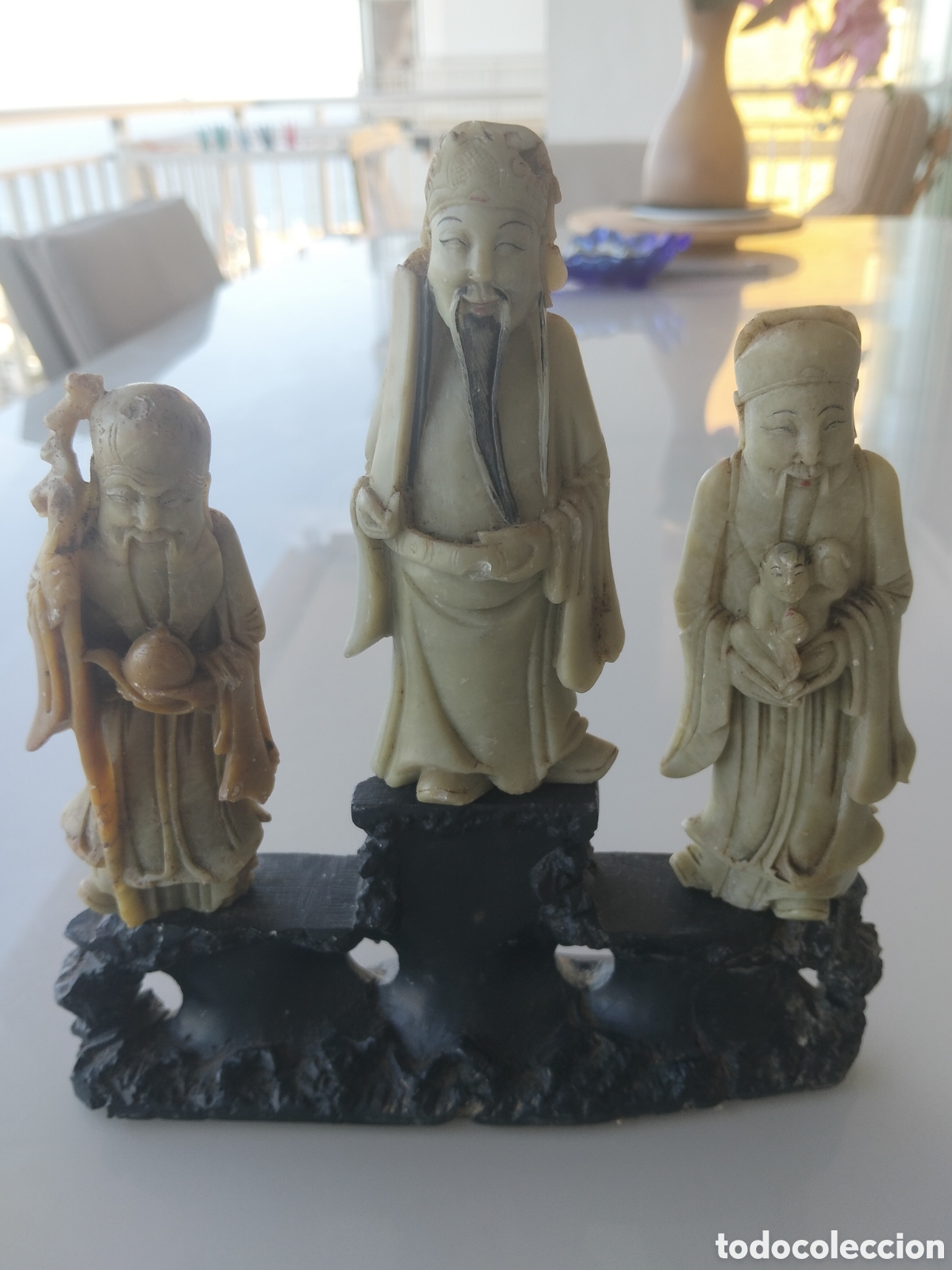 Antig&uuml;edades: Antiguo Conjunto de los 3 Sabios Chinos (Fu, Lu, Shou) en Esteatita Tallada - Siglo XX