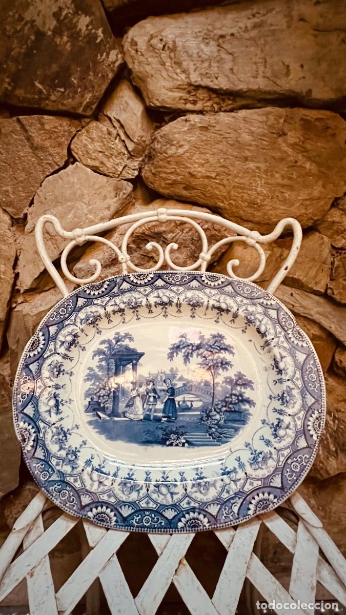 Oggetti Antichi: Rara bandeja fuente loza Pickman y CIA azul p&oacute;rtico columnas gusto turco turquerias s XIX 44x36cms