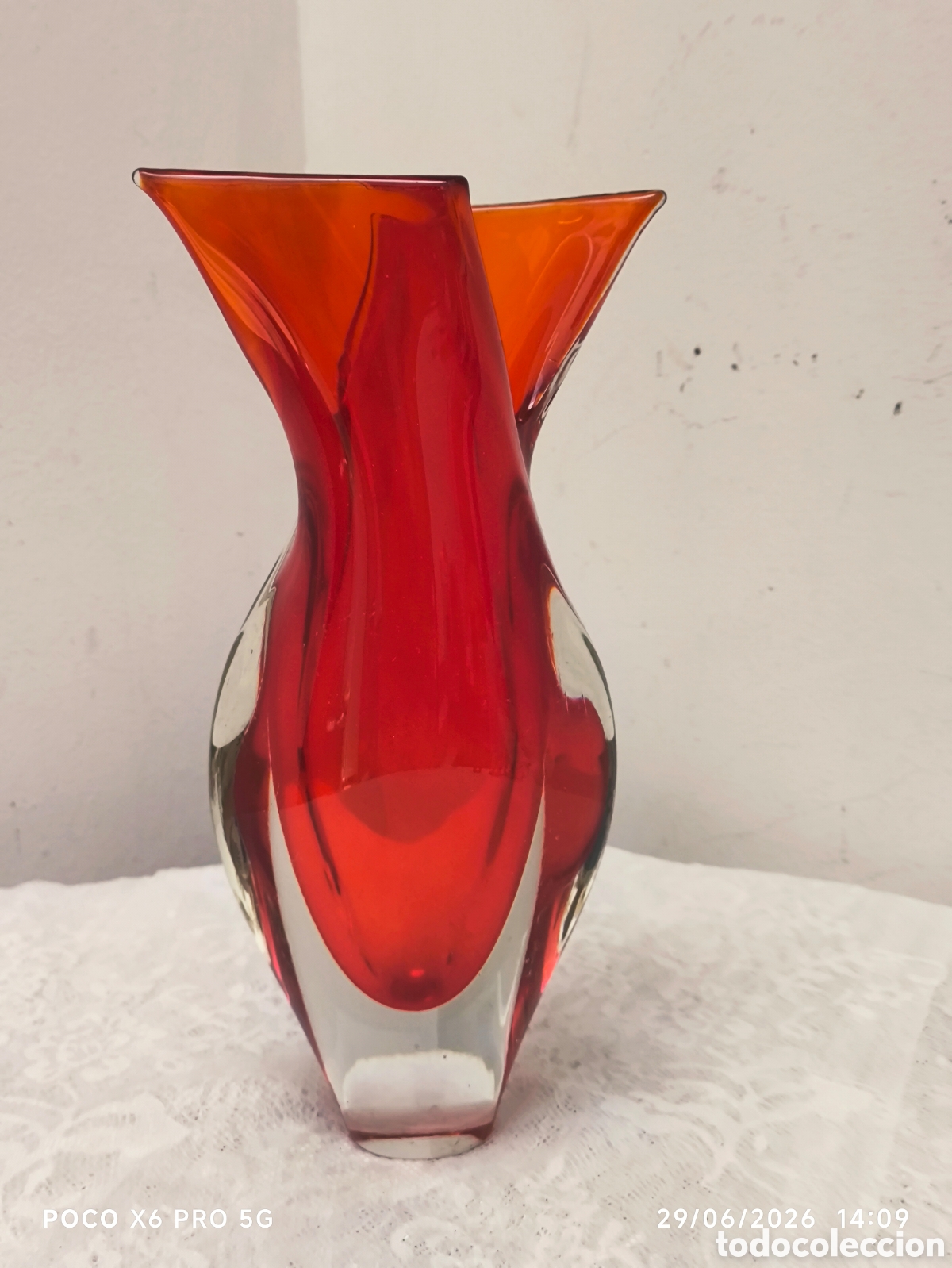 Antig&uuml;edades: Jarr&oacute;n de cristal de Flavio Poli para Seguso, a&ntilde;os 50, de color naranja intenso con forma de llama,