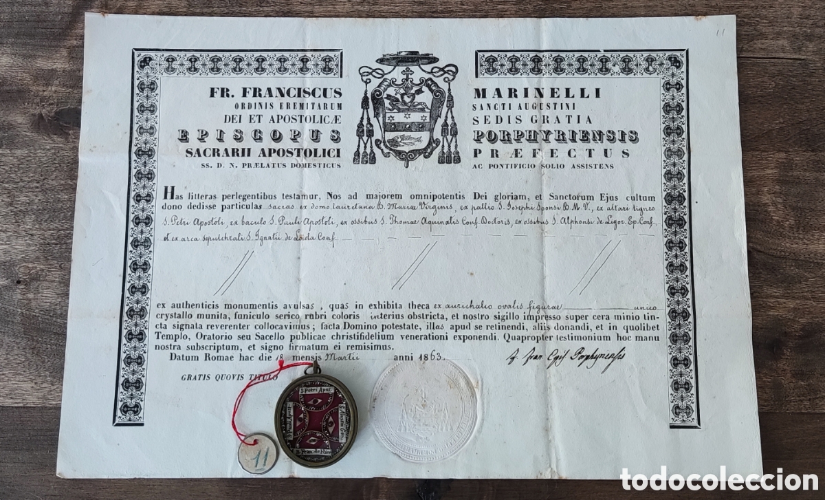 Antig&uuml;edades: Reliquia. Relicario. Documento. Certificado. Original. San Pedro. San Pablo. Siglo XIX. Santa Sede.