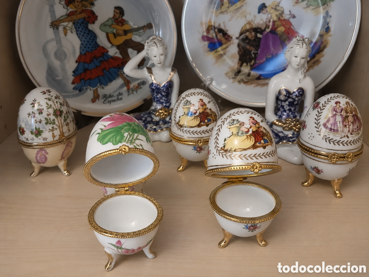 Antig&uuml;edades: vintage de porcelana espa&ntilde;ola y cajas joyero en forma de huevo (8 piezas)