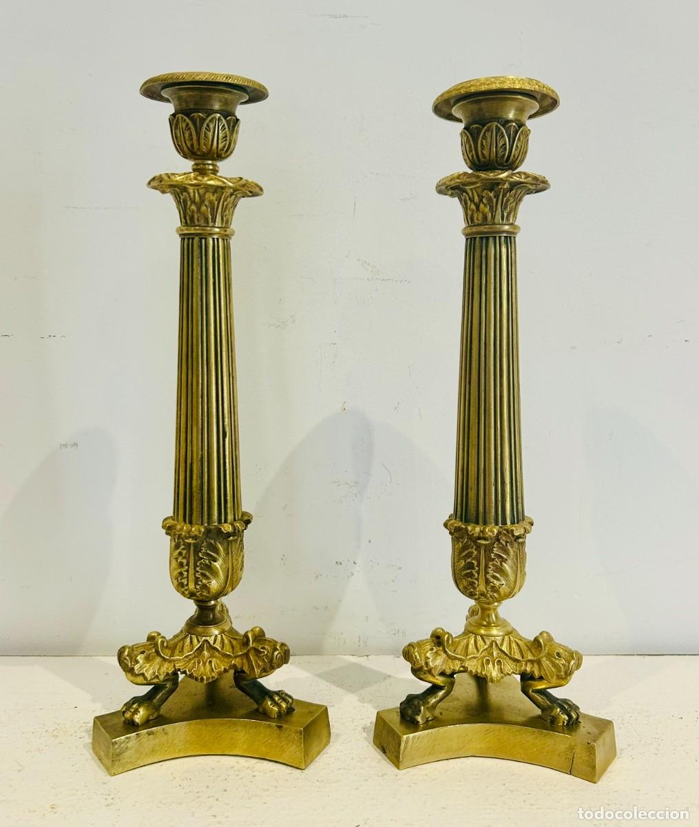 Antig&uuml;edades: Pareja de Candeleros en Bronce Dorado Imperio del Siglo XIX. Gran tama&ntilde;o