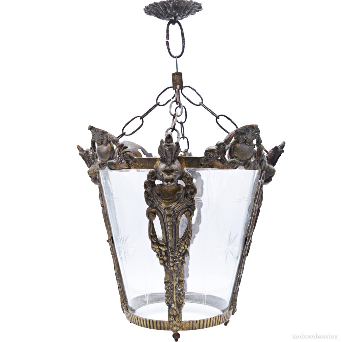 Antig&uuml;edades: Farol l&aacute;mpara de bronce y cristal