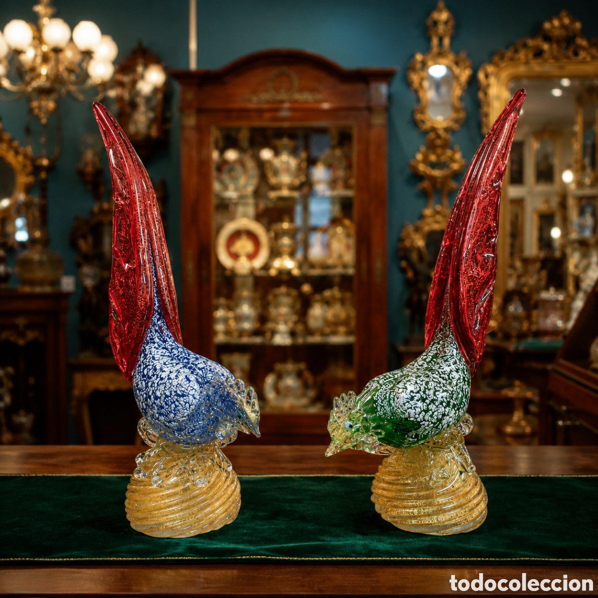 Antiquit&eacute;s: EXTRAORDINARIA PAREJA DE FAISANES, GALLOS DE CRISTAL DE MURANO MEDIADOS DEL SIGLO XX INFUSI&Oacute;N DE ORO