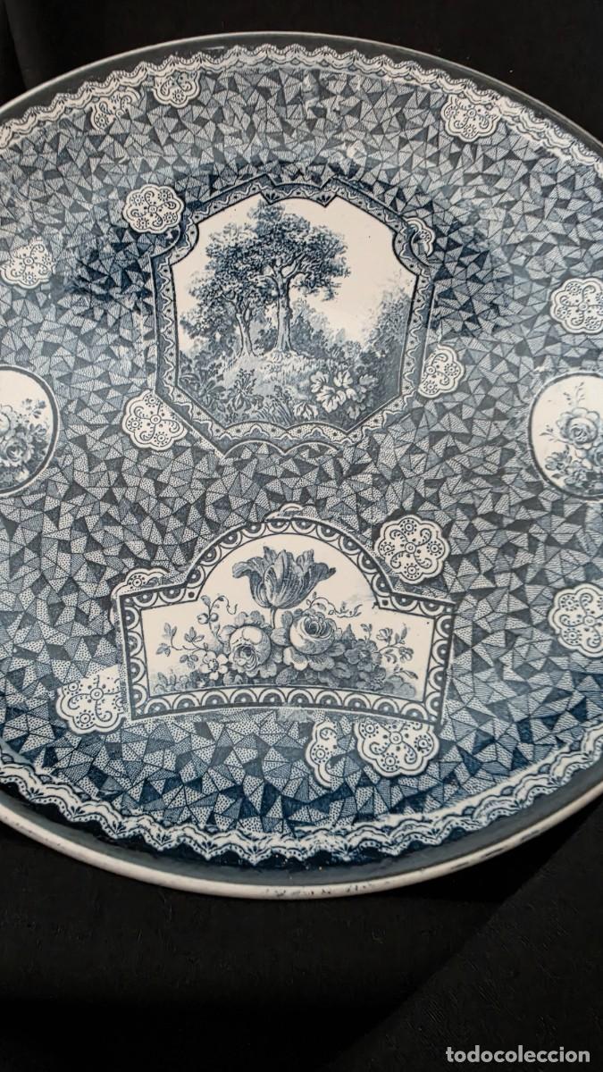 Antiguidades: Gran Plato Gran Loza Franz Anton Mehlem Transferware S. XIX Azul cobalto