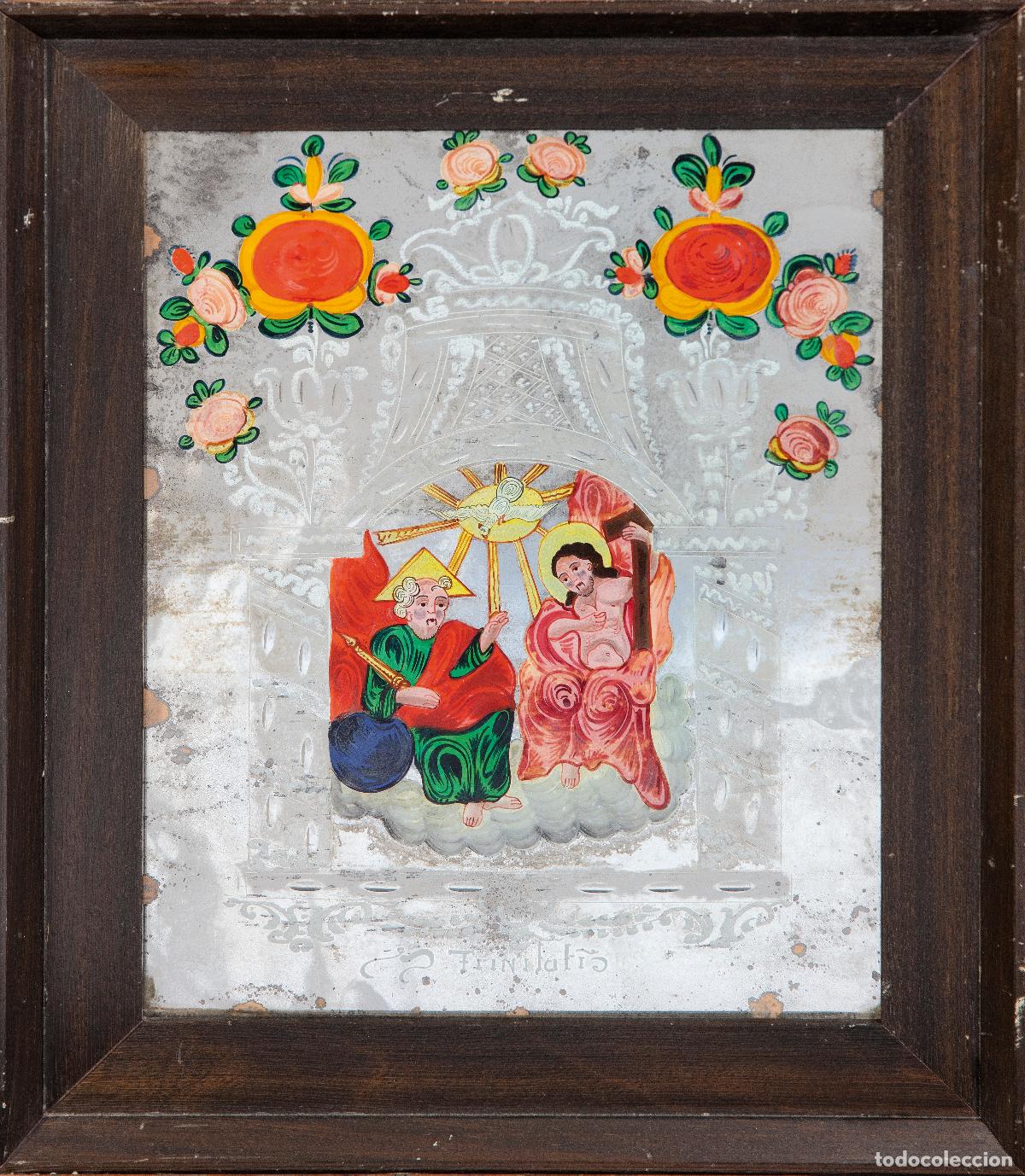 Antig&uuml;edades: Sant&iacute;sima Trinidad cristal espejo italiano grabado a la rueda y pintado al &oacute;leo siglo XVIII