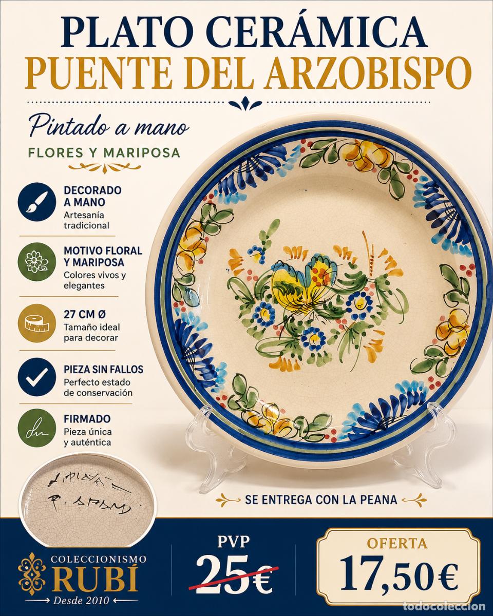 Oggetti Antichi: PLATO CER&Aacute;MICA PUENTE DEL ARZOBISPO | PINTADO A MANO | FLORES Y MARIPOSA | 27 CM &Oslash; | FIRMADO
