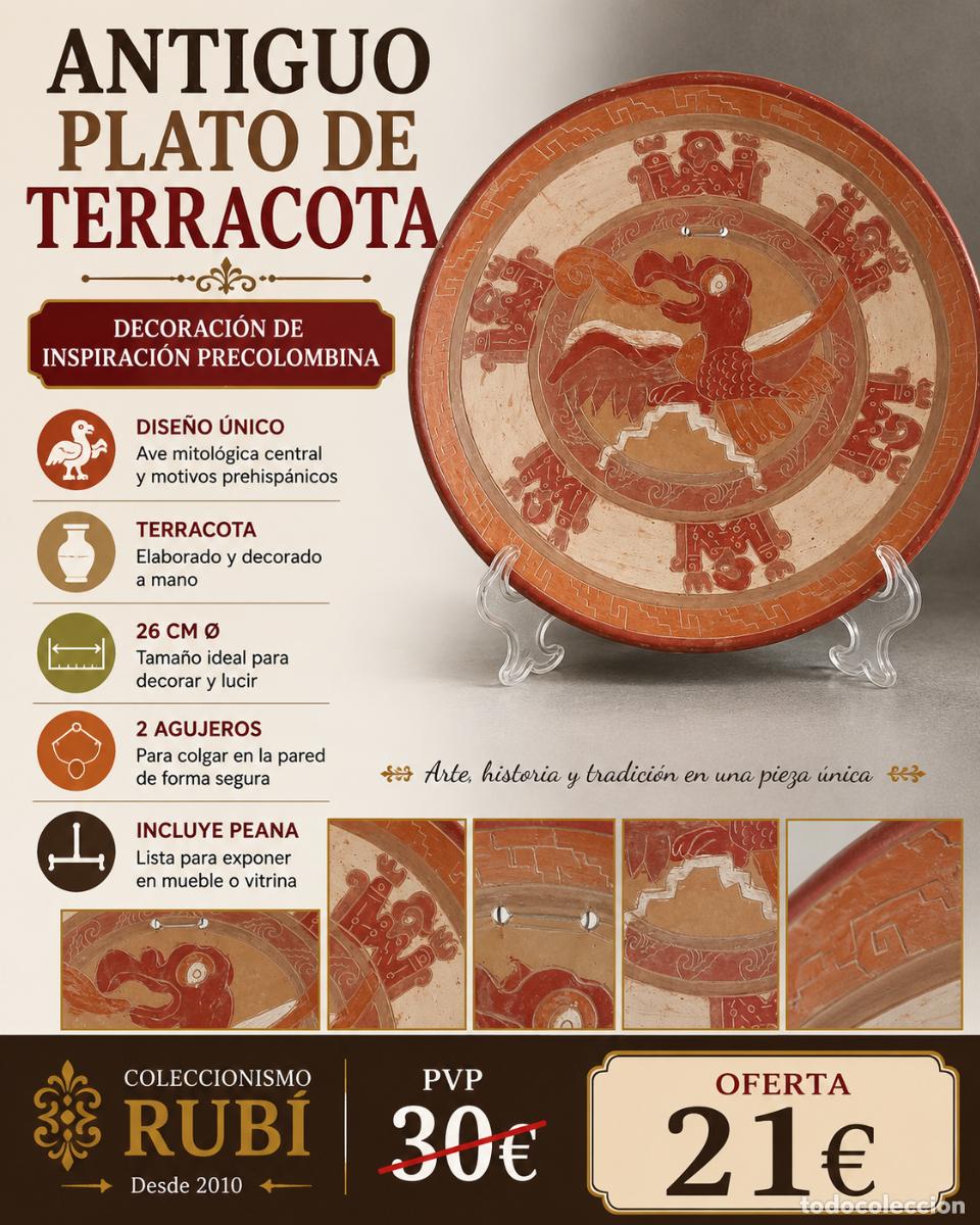 Antig&uuml;edades: ANTIGUO PLATO DE TERRACOTA | DECORACI&Oacute;N DE INSPIRACI&Oacute;N PRECOLOMBINA | AVE MITOL&Oacute;GICA | 26 CM | PEANA
