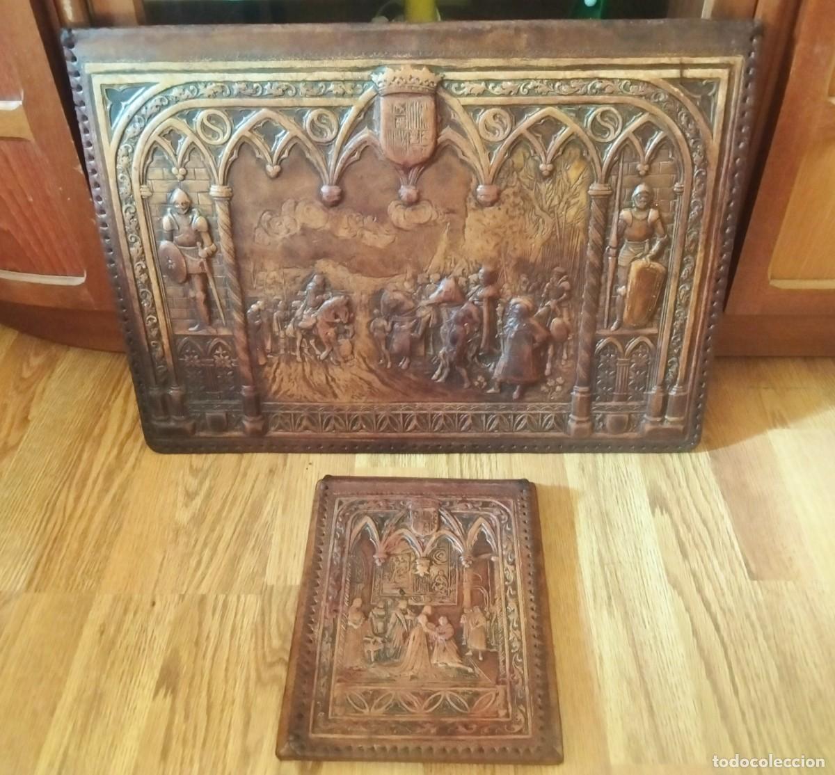 Antig&uuml;edades: ANTIGUO CONJUNTO DE ESCRITORIO (VADE PORTAL&Aacute;MINAS + PORTACUADERNOS) EN CUERO REPUJADO (CORDOB&Aacute;N)