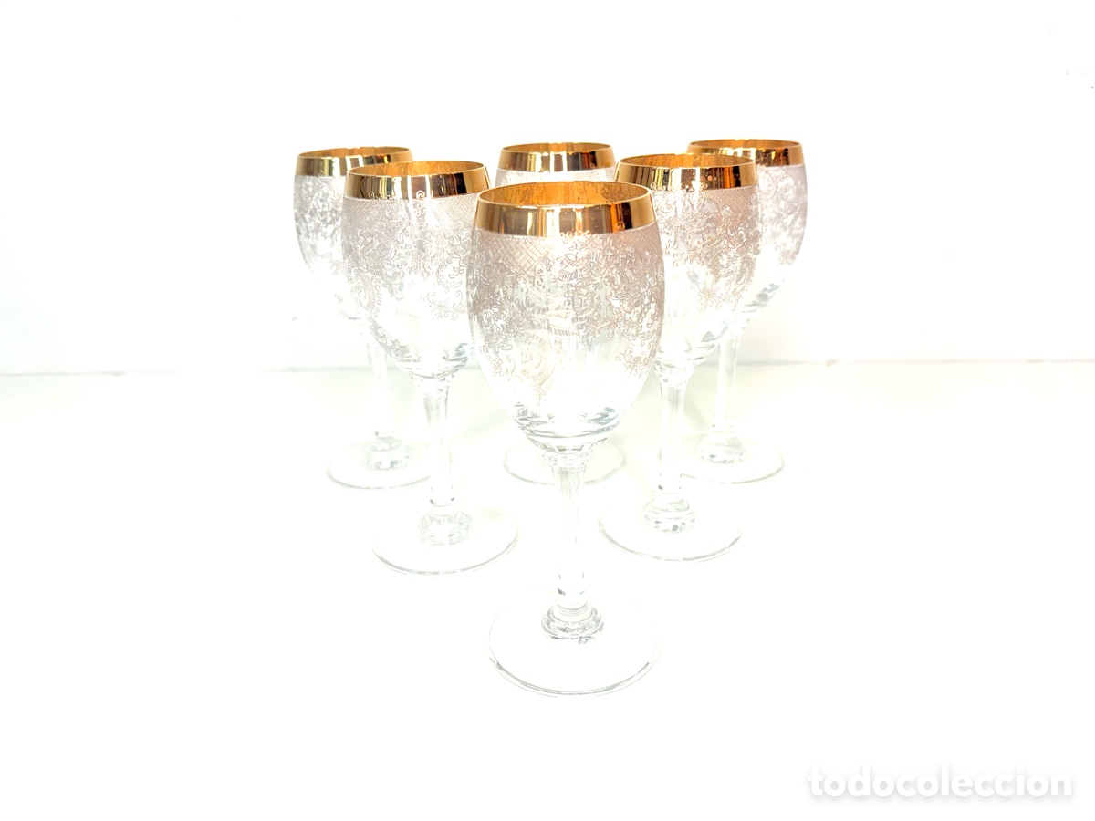 Antig&uuml;edades: Set de 6 copas Garlier en cristal grabado a mano con borde de oro 18K Francia 1950&rsquo;s