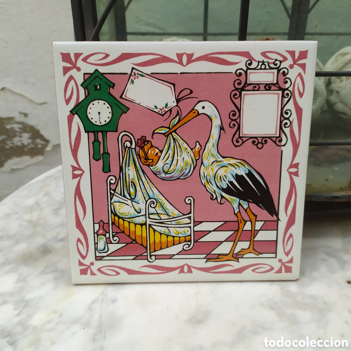 Antiques: Azulejo recordatorio de nacimiento, mide 15x15 cm